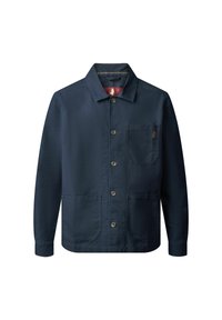 Chaqueta de algodón azul marino con cuello puntiagudo, botones en la parte delantera, un bolsillo en el pecho y dos bolsillos inferiores. Tejido duradero con una textura suave.