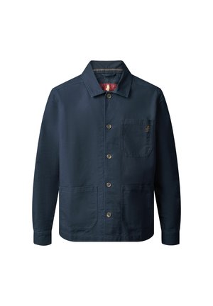 Veste en coton bleu marine avec un col pointu, des boutons sur le devant, une poche poitrine et deux poches inférieures. Tissu durable avec une texture lisse.