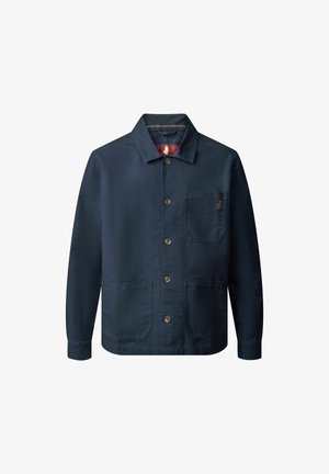 Granatowa bawełniana kurtka z kołnierzykiem typu point, z guzikami z przodu, jedną kieszenią na piersi i dwiema dolnymi kieszeniami. Wytrzymały materiał o gładkiej fakturze.