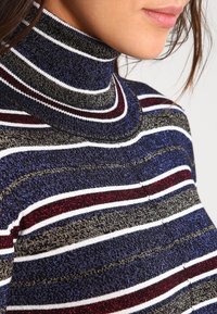 Pull en maille à col roulé avec des rayures verticales bleu marine, bordeaux et blanches, fabriqué dans un tissu texturé et scintillant. Vue en gros plan.