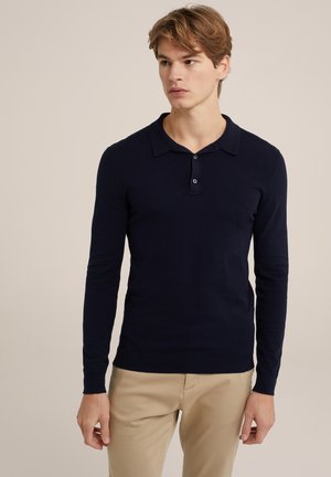 Navy long-sleeve polo shirt in soft fabric, featuring a three-button placket and a classic collar. Smooth texture, fitted design.