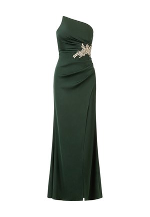Groene avondjurk met één schouder, een aansluitende bodice, gedrapeerd ontwerp en versierde bloemenaccenten bij de taille. Maxi-lengte met een split aan de zijkant.