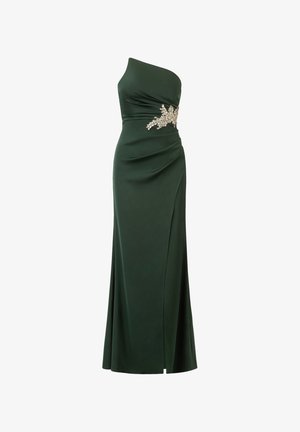 Robe de soirée verte à une épaule avec un corsage ajusté, un design drapé et des accents floraux embellis à la taille. Longueur maxi avec une fente sur le côté.
