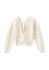 Cardigan corto in crema con scollo a V profondo, texture a costine, maniche lunghe e chiusura con cravatta davanti. Materiale in maglia morbida.