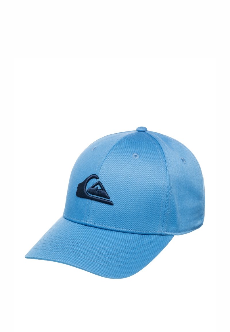 Casquette de baseball bleu clair avec un logo brodé noir représentant une vague et une montagne sur le devant, sur fond blanc.