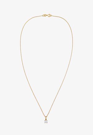 Guldkæde med et fint, delikat design. Har en lille, firkantet klar pendal, indsat i guld. Glat tekstur og poleret finish.