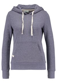 Bluza z kapturem w ciemnoszarej tkaninie, z przednią kieszenią, kremowymi sznurkami, ściągaczami na mankietach oraz małym logo na kieszeni.