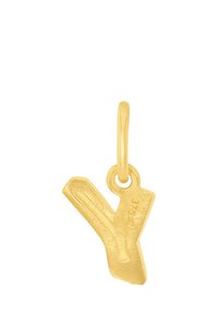 Guldtonad hänge i form av en stiliserad "Y" med en texturerad yta och en liten ögla för fäste. Märken synliga på sidan.