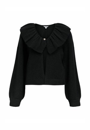 Cardigan nero lavorato a maglia con un ampio colletto arricciato, chiusura con un singolo bottone e maniche lunghe con polsini e orlo a coste.