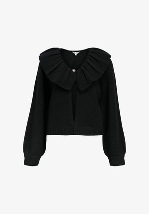 Schwarze Strickjacke mit großem Rüschenausschlag, einem einzelnen Knopfverschluss und langen Ärmeln mit gerippten Manschetten und Saum.