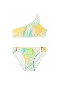 Bikini-set med en axel som har ett pastellfärgat tie-dye-mönster i gult, grönt och blått. Materialet är slätt med guldfärgad hårdvara på trosorna.