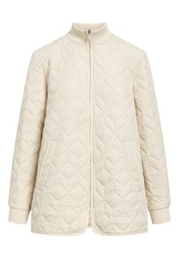Light beige quilted jacket with a high collar, featuring a full front zipper, two side pockets, and ribbed cuffs.