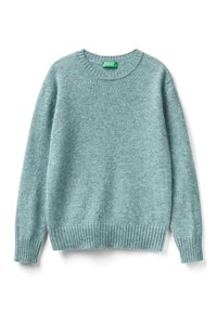 Maglione lavorato a maglia blu chiaro con colletto rotondo, polsini e orlo a costine. Texture morbida con un delicato motivo melange in tutto il capo.