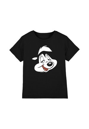 Black short-sleeve t-shirt with a large, smiling cartoon skunk face printed on the front.