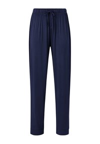 Mørkeblå afslappede bukser med elastik i taljen og justerbar snor, lige ben og opbukket kant.