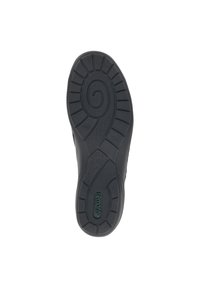 Suela de zapato de goma negra con superficie texturizada, patrón en espiral y diseño de banda de rodadura segmentada. Marca "remonte" visible.