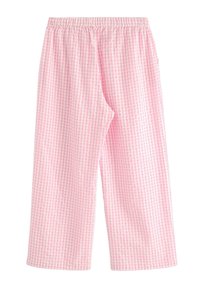 Pantaloni a scampolo rosa e bianco a quadretti, con vita elastica, gamba dritta e una texture di tessuto leggero.