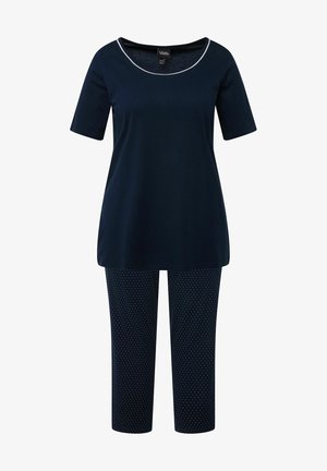 Granatowy zestaw piżamowy z krótkim rękawem, okrągłym dekoltem i białymi lampasami, w komplecie z spodniami capri w kropki.
