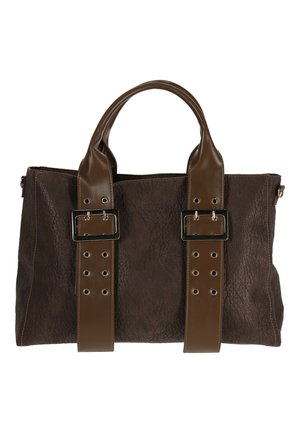 Rechthoekige donkerbruine leren handtas met twee grote verticale banden met gespen en dubbele handvatten bovenop.