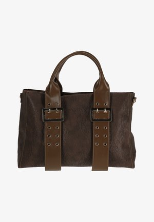 Rechthoekige donkerbruine leren handtas met twee grote verticale banden met gespen en dubbele handvatten bovenop.