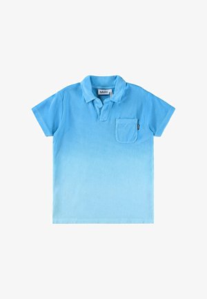 Niebieska bawełniana koszulka polo z gradientowym wzorem, krótkimi rękawami, kołnierzykiem i przednią kieszenią. Zawiera metkę marki wewnątrz.