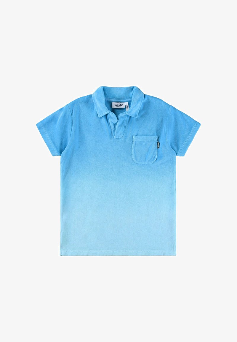 Blå bomulds polo med et gradientdesign, korte ærmer, krave og en forlommer foran. Har en mærkelabel på indersiden.