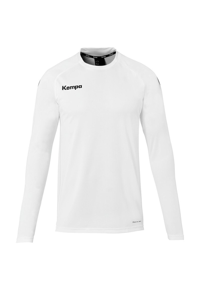 T-shirt de sport blanc à manches longues en tissu léger. Il présente un col rond, des accents noirs et le logo "Kempa" sur le devant.