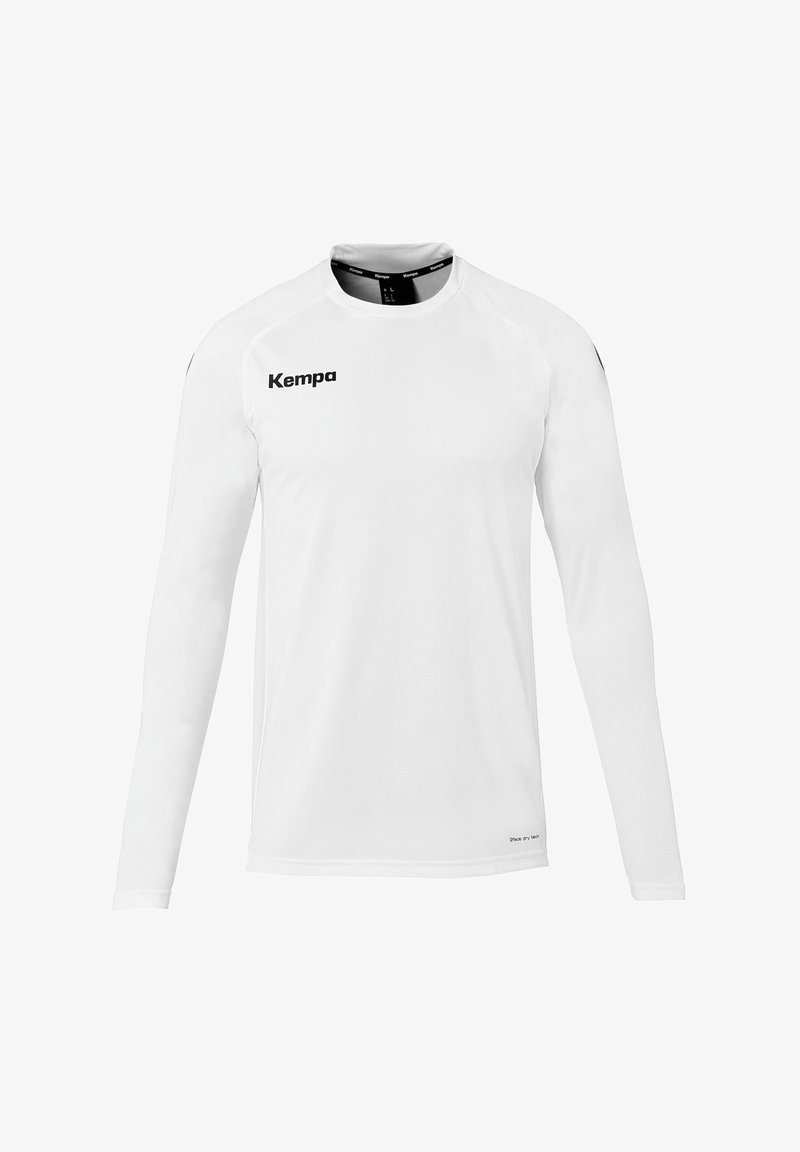 T-shirt de sport blanc à manches longues en tissu léger. Il présente un col rond, des accents noirs et le logo "Kempa" sur le devant.