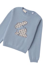 Maglione azzurro chiaro lavorato a maglia con design di coniglio in motivo houndstooth e un fiocco. Polsi e orlo a coste con scollatura a girocollo.