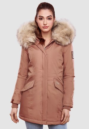 Pink insulated parka with a faux fur hood, zip front, two side pockets, and ribbed cuffs. Features a logo patch on the sleeve.