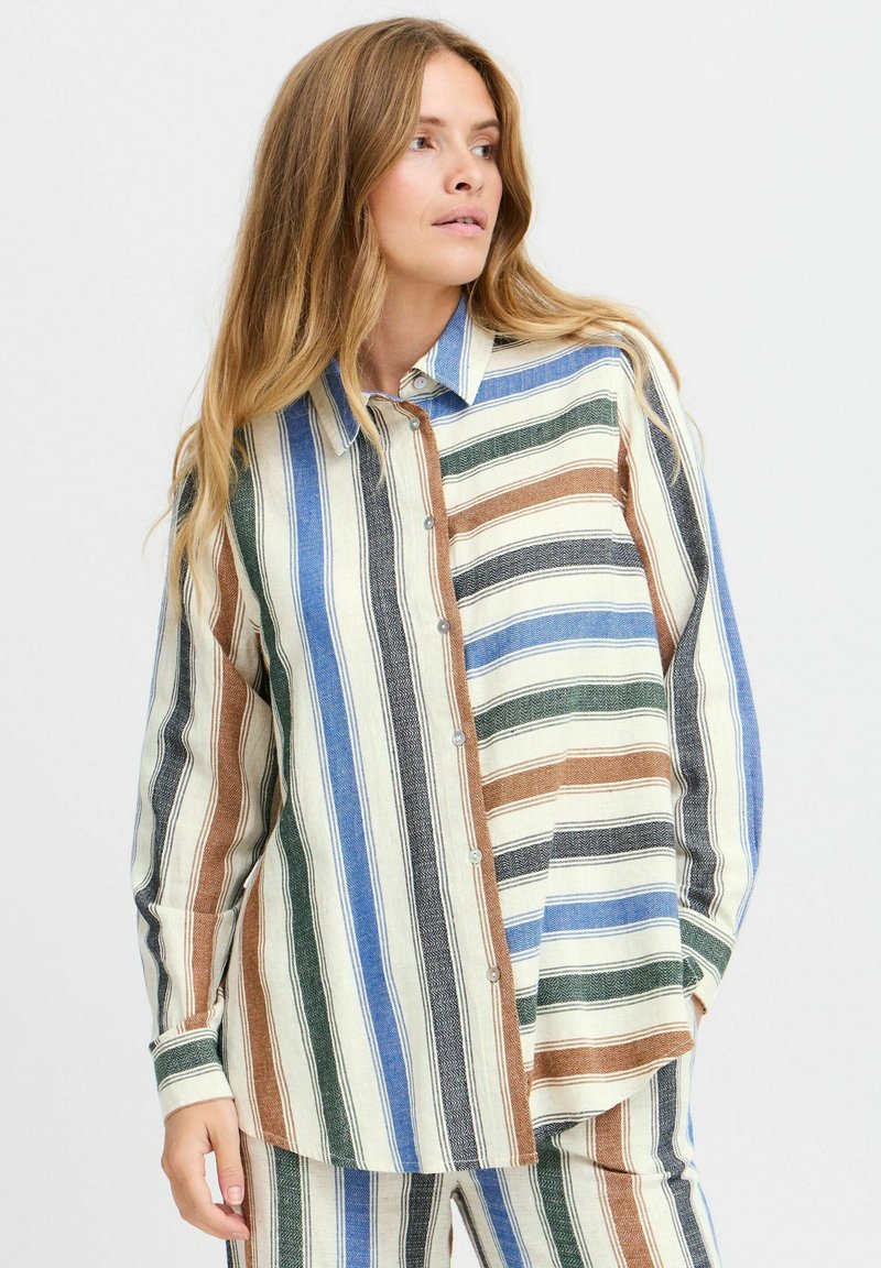 Striped button-up shirt featuring vertical lines in blue, green, brown, and black, made of textured fabric with a relaxed fit.