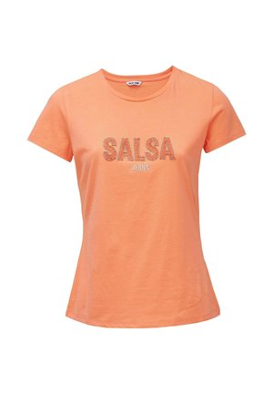 T-shirt da donna pesca a maniche corte con scollo rotondo e "SALSA JEANS" ricamato al centro davanti.