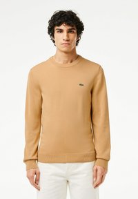 Maglione in beige lavorato a maglia con collo a giro, polsini e fondo a costine. Presenta un piccolo logo verde sul petto. Texture liscia e design aderente.