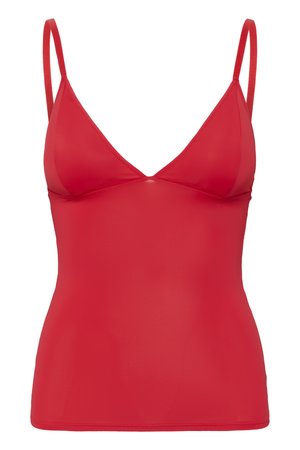 Rød ærmeløs camisole-top med tynde justerbare skulderstropper og V-hals.