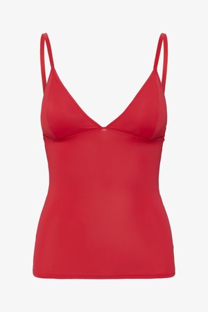 Rød ærmeløs camisole-top med tynde justerbare skulderstropper og V-hals.