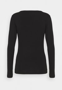 Svart långärmad topp med rund halsringning. Tillverkad av ett mjukt och stretchigt tyg. Har en smal passform och en slät yta. Inga mönster eller detaljer.