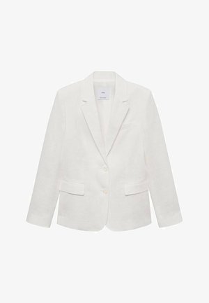 Witte linnen blazer met notch-lapels, twee voorkruiszakken en twee knopen. Bevat een enkele borstzak en heeft een zachte textuur.