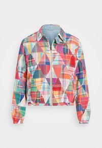Kolorowa kurtka patchworkowa z trójkątnymi wzorami w różnych odcieniach. Lekki materiał z kołnierzem i elastycznymi mankietami. Zamek błyskawiczny z przodu.