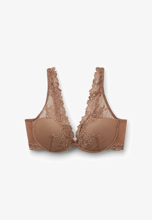 Bralette met kanten details, in tan kleur, met gevoerde cups en een diep V-hals. De schouderbanden zijn textuurgegeven met florale kanten accenten.