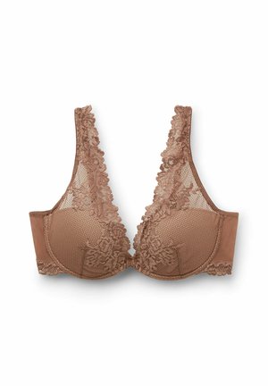 Bralette met kanten details, in tan kleur, met gevoerde cups en een diep V-hals. De schouderbanden zijn textuurgegeven met florale kanten accenten.