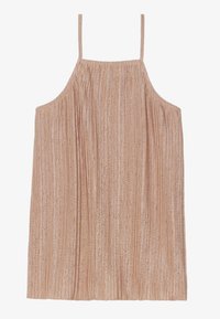 Roosa kuldne pleeritud tank top õhukeste rihmadega, millel on pehme tekstuur ja sädelev viimistlus, voolav disain ning vertikaalsed triibud.