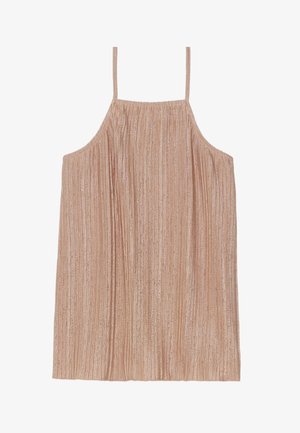 Rozen gouden geplooide tanktop met dunne bandjes, met een zachte textuur en glanzende afwerking, vloeiende vorm en verticale strepen.