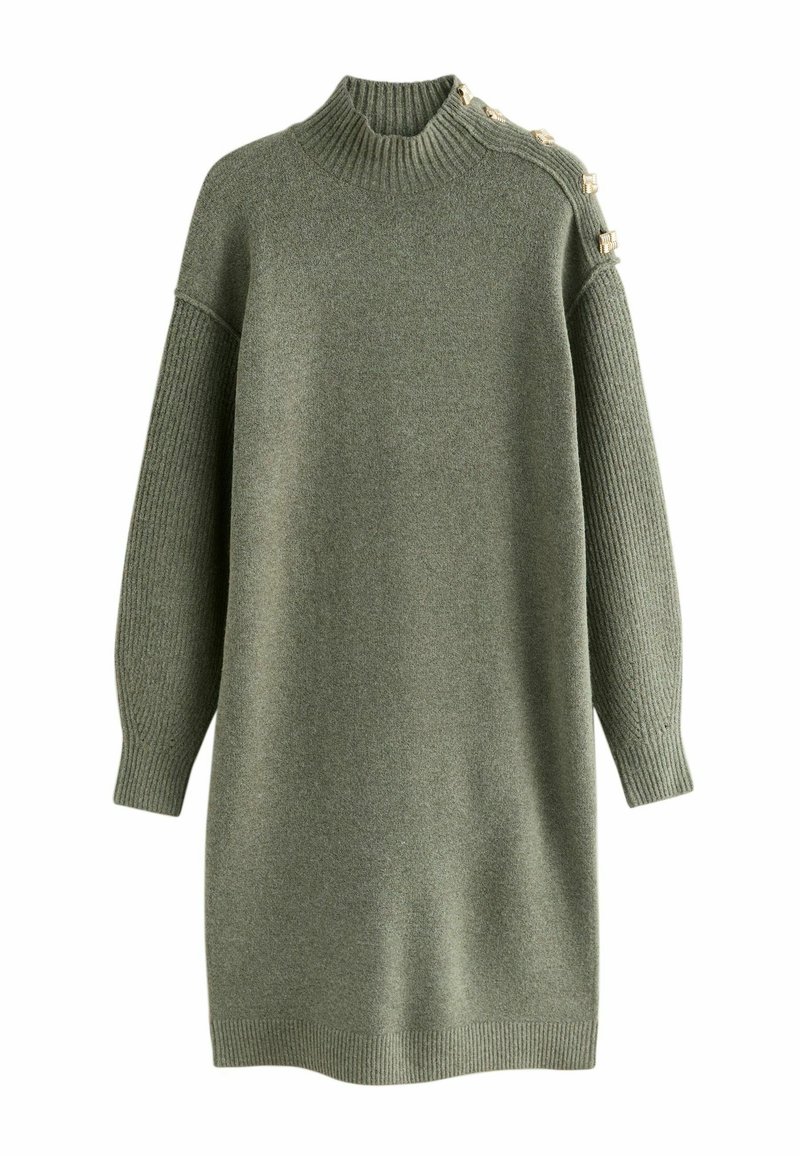Strickkleid in Olivgrün mit einem hohen gerippten Halsausschnitt, übergroßem Schnitt, gerippten Ärmeln und dekorativen Knöpfen an der Schulter.