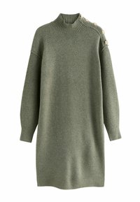 Abito maglione in verde oliva, con un collo alto a coste, corpo oversize, maniche a coste e bottoni decorativi sulla spalla.