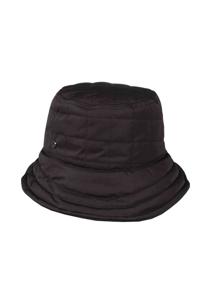 Cappello a secchiello trapuntato nero con forma rotonda, caratterizzato da una visiera ampia e un piccolo logo sul lato. Realizzato in un tessuto morbido e testurizzato.