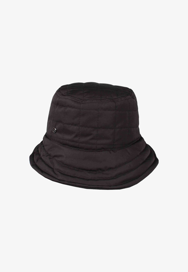 Cappello a secchiello trapuntato nero con forma rotonda, caratterizzato da una visiera ampia e un piccolo logo sul lato. Realizzato in un tessuto morbido e testurizzato.