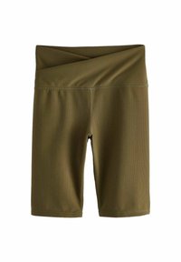 Pantaloni corti sportivi a coste color verde oliva con una ampia vita drappeggiata. Texture liscia, lunghezza al ginocchio, progettati per comfort e flessibilità.