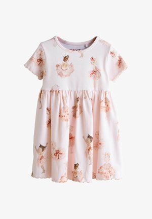 Hellrosa Kleinkindkleid mit kurzen Ärmeln, verziert mit Skizzen von Ballerinas in rosa Tutus und feinen, wellenförmigen Kanten.