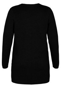 Dlouhý černý svetr s dlouhým rukávem, vyrobený z pleteného materiálu, s rovnou siluetou a minimalistickým designem. Obsahuje kulatý výstřih a detail švu na zadní straně.