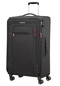 Valise noire à roulettes en tissu durable, dotée d'une poche avant zippée, d'une poignée télescopique et de roues multidirectionnelles.